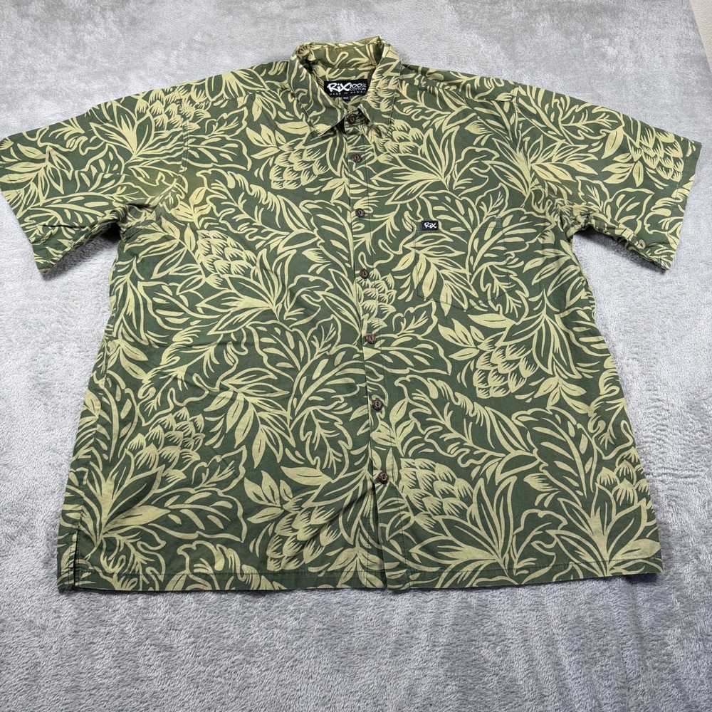 Rix Button Up Shirt Mens 3X Green Hawaiian Floral Tropical Cotton Short Sleeve